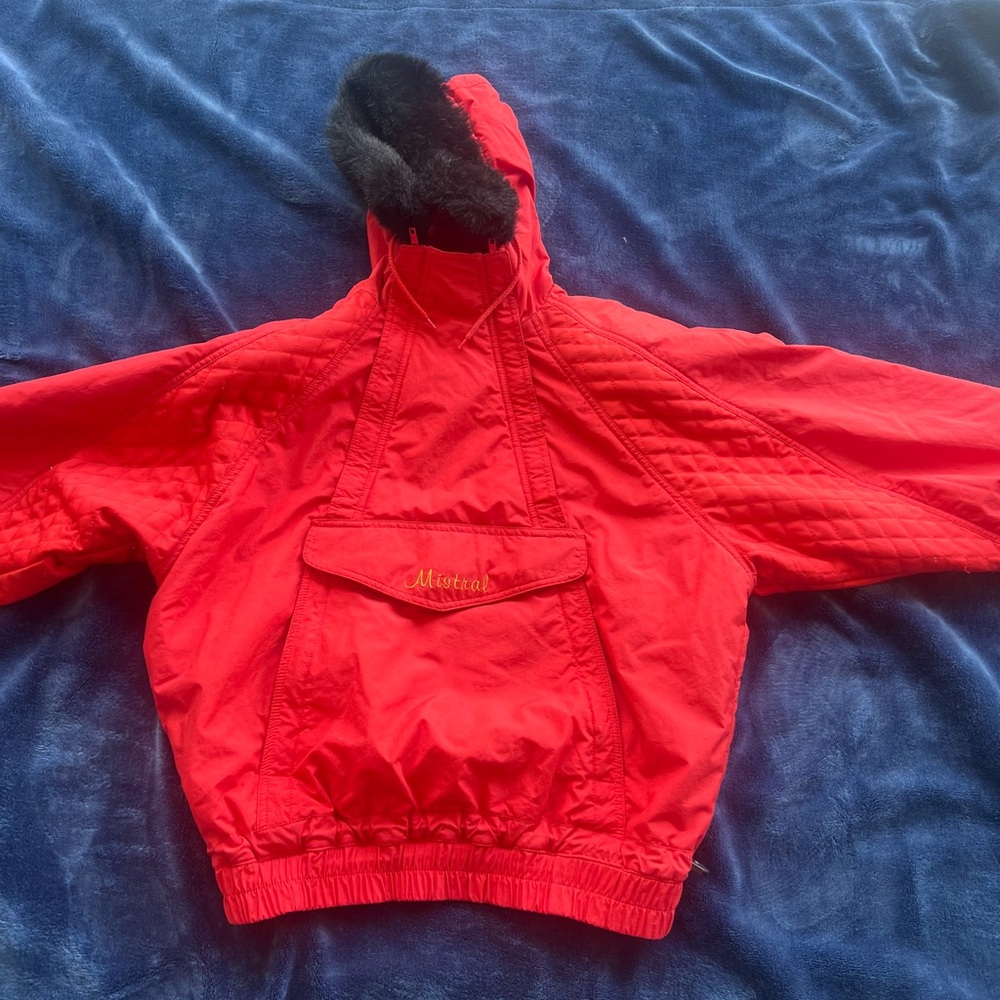 Mistral Red Nylon Ski Jacket Quarter Zip Pullover Size Small Hood Faux Trim